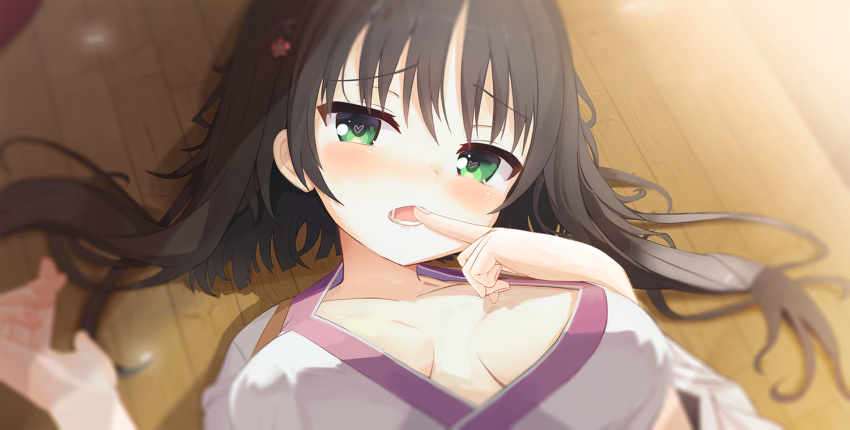 aroused black_hair blunt_ends blurry blush breasts breasts_apart close-up collarbone commentary depth_of_field doruzou18 female finger_to_mouth fingernails furrowed_brow green_eyes hair_between_eyes hair_ornament hair_spread_out hairclip hands_up head_tilt heart heart-shaped_pupils hitachi_mako index_finger_raised indoors japanese_clothes kimono large_breasts long_sleeves looking_at_viewer lower_teeth_only lying no_bra nose_blush on_back open_mouth raised_eyebrows saliva senren_banka short_hair_with_long_locks sidelighting solo symbol-shaped_pupils teeth tsurime white_kimono wide_sleeves wooden_floor x_hair_ornament