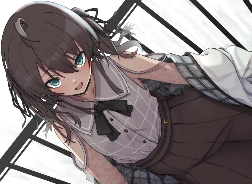 absurdres ahoge bare_shoulders black_bow black_bowtie black_ribbon blouse blue_eyes bow bowtie brown_hair choker collarbone commentary dutch_angle female hair_ribbon high-waist_skirt highres hololive jacket long_hair looking_at_viewer looking_up minagokoro natsuiro_matsuri natsuiro_matsuri_(casual) off_shoulder official_alternate_costume open_mouth ribbon shirt skirt smile solo twintails virtual_youtuber