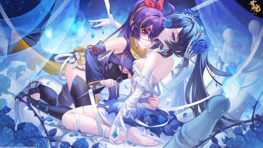 2girls absurdres bandages blue_flower blue_rose breasts clothing_cutout flower fox_mask highres japanese_clothes kunai loading_screen long_hair mahjong_soul mahjong_tile mask morikawa_ayako multiple_girls ninja official_alternate_costume official_art purple_eyes purple_hair ransei_(mahjong_soul) red_eyes red_ribbon ribbon rose twintails underboob underboob_cutout weapon