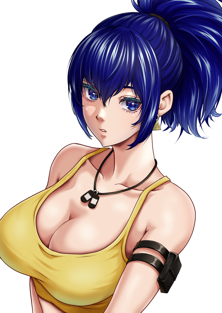 absurdres arm_pouch bare_shoulders blue_eyes blue_hair breasts crop_top dog_tags earrings female highres jewelry leona_heidern nito_(mrrx5772) ponytail sleeveless soldier solo tank_top the_king_of_fighters the_king_of_fighters_xv triangle_earrings yellow_tank_top