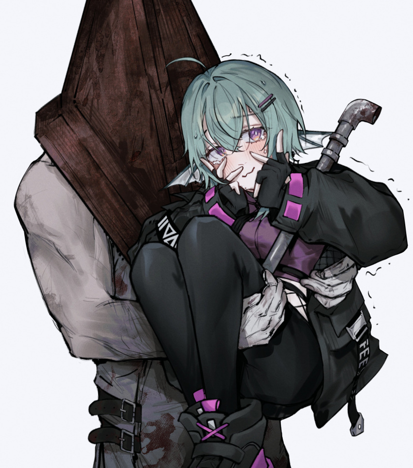 1boy absurdres black_jacket black_leggings blush carrying female finana_ryugu finana_ryugu_(3rd_costume) fingerless_gloves fins fishnets gloves green_hair hair_between_eyes hands_on_own_cheeks hands_on_own_face head_fins highres holding holding_lead_pipe jacket lead_pipe leggings nijisanji nijisanji_en princess_carry purple_eyes purple_shirt pyramid_head shirt silent_hill_(series) silent_hill_2 simple_background tearing_up trembling virtual_youtuber wavy_mouth yumevly