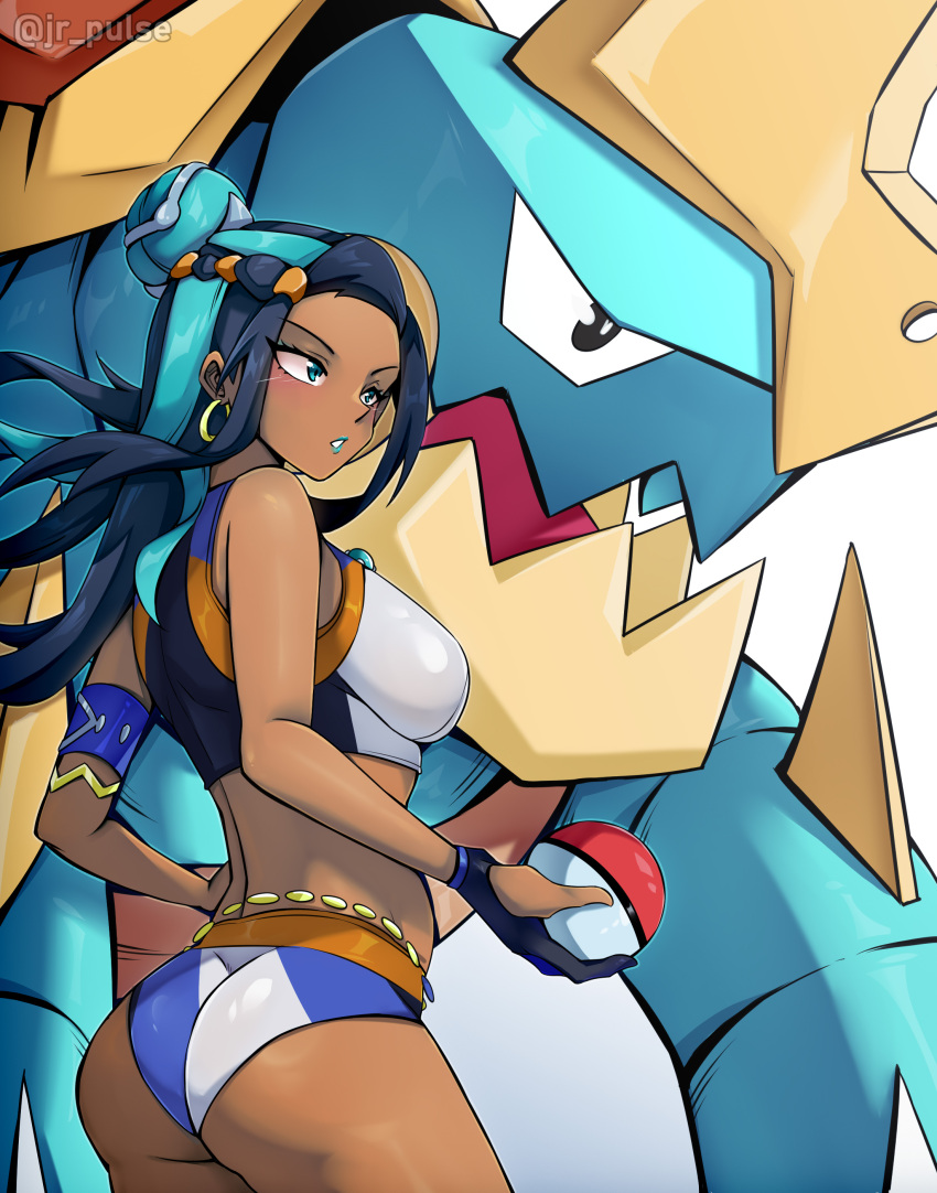 absurdres belly_chain bikini black_hair blue_eyes blue_eyeshadow blue_hair breasts dark-skinned_female dark_skin drednaw earrings eyeshadow female gloves hair_bun highres holding holding_poke_ball hoop_earrings jewelry jrpulse large_breasts long_hair makeup multicolored_hair nessa_(pokemon) poke_ball poke_ball_(basic) pokemon pokemon_(creature) pokemon_swsh single_glove single_hair_bun swimsuit tankini two-tone_hair very_long_hair