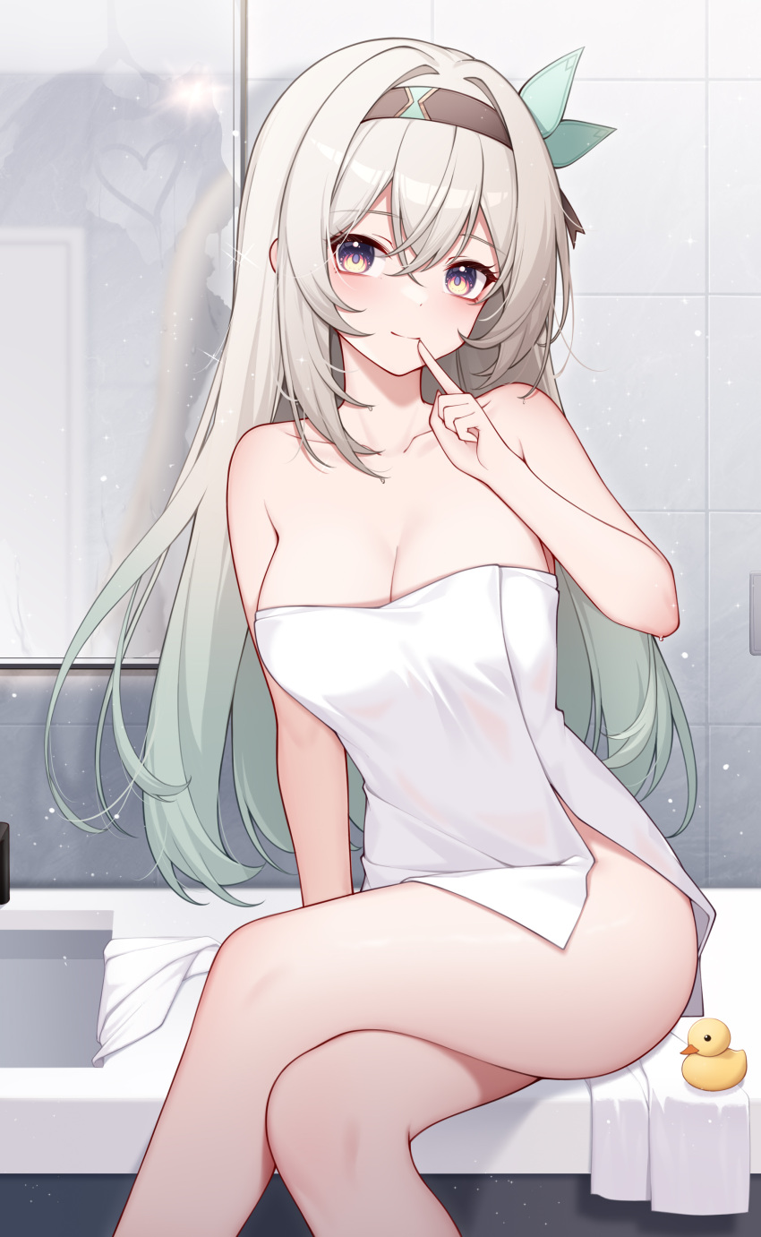 absurdres bathroom black_hairband breasts cleavage closed_mouth collarbone commentary_request crossed_legs feet_out_of_frame female finger_to_mouth firefly_(honkai:_star_rail) glass_writing gradient_hair green_hair hair_between_eyes hair_ornament hairband heart highres honkai:_star_rail honkai_(series) indoors legs light_smile looking_at_viewer multicolored_hair orange_eyes paid_reward_available partial_commentary poinia purple_eyes purple_pupils rubber_duck sidelocks sitting solo two-tone_eyes white_hair