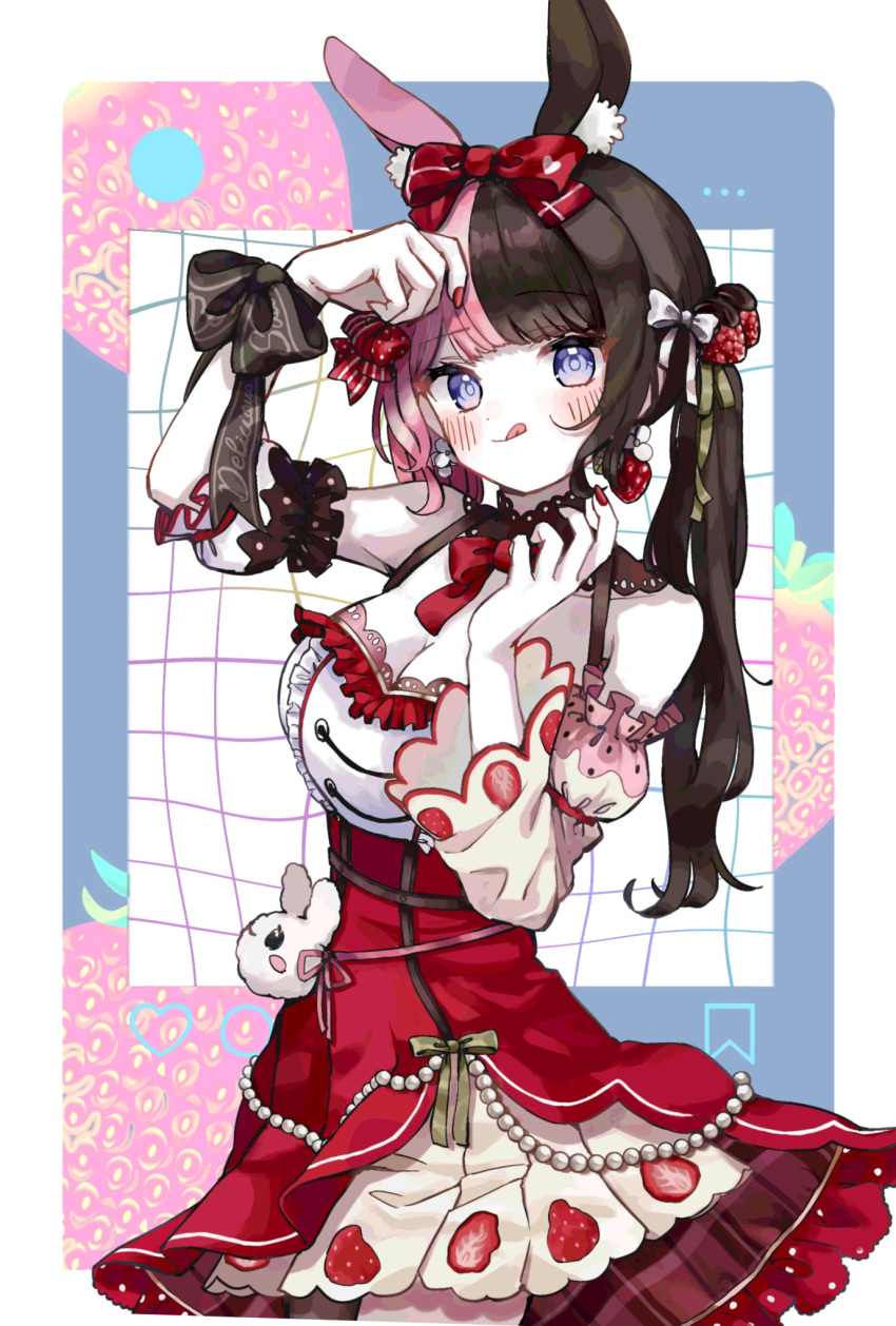 :p animal_ear_fluff animal_ears asymmetrical_sleeves blue_eyes blush bow bowtie breasts brown_hair cleavage cowboy_shot detached_collar detached_sleeves dress earrings female food-themed_earrings food_print frilled_dress frills gem hair_ribbon hairbow halter_dress halterneck hanada_ten highres iris_black_games jewelry lace-trimmed_dress lace_trim large_breasts looking_at_viewer multicolored_clothes multicolored_dress multicolored_hair pearl_(gemstone) pink_hair puffy_sleeves rabbit_ears red_bow red_bowtie red_nails ribbon solo split-color_hair strawberry_earrings strawberry_print tachibana_hinano_(4th_costume) tachibana_hinano_(vtuber) tongue tongue_out twintails virtual_youtuber vspo! wide_sleeves wrist_bow