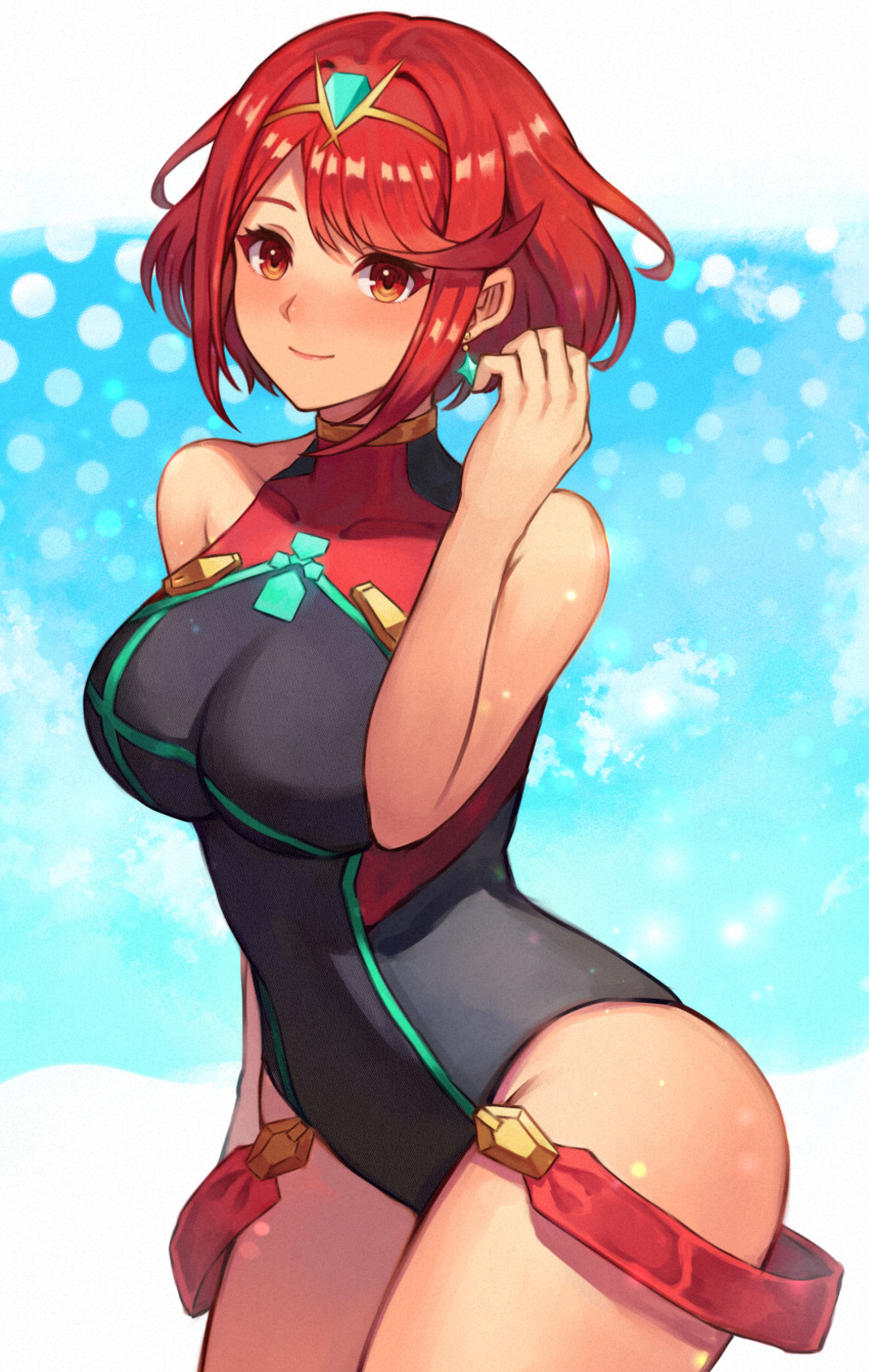 20060715 absurdres bare_arms bare_shoulders breasts closed_mouth cowboy_shot earrings female hand_up highres jewelry large_breasts looking_at_viewer official_alternate_costume one-piece_swimsuit pyra_(pro_swimmer)_(xenoblade) pyra_(xenoblade) red_eyes red_hair short_hair smile solo swept_bangs swimsuit turtleneck turtleneck_one-piece_swimsuit xenoblade_chronicles_(series) xenoblade_chronicles_2