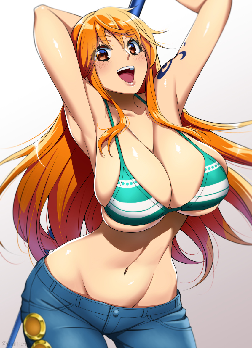 absurdres armpits arms_up bare_shoulders bikini blue_pants blush breasts cleavage clima-tact denim female green_bikini highres jeans large_breasts long_hair looking_at_viewer mattari_yufi nami_(one_piece) navel one_piece open_mouth orange_eyes orange_hair pants shoulder_tattoo smile solo swimsuit tattoo thighs