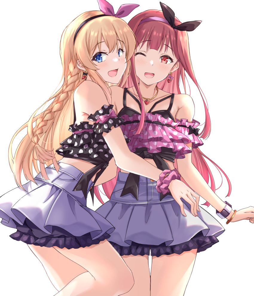 2girls absurdres arm_garter bandeau bare_shoulders black_bow black_hairband black_shirt blue_eyes blue_skirt blush bow bracelet braid breasts cleavage collarbone cowboy_shot crop_top cropped_shirt dot_nose dress_bow earrings face-to-face gold_bracelet hairband hairbow heart heart_earrings heart_necklace highres idolmaster idolmaster_million_live! idolmaster_million_live!_theater_days jewelry kousaka_umi layered_skirt long_hair looking_at_viewer medium_breasts midriff miniskirt multiple_bracelets multiple_girls necklace niracha_(l0giu2) one_eye_closed open_mouth pink_bandeau pink_bow pink_hair pink_hairband pink_scrunchie polka_dot polka_dot_shirt red_eyes scrunchie shirt skirt sleeveless sleeveless_shirt smile standing tanaka_kotoha wrist_scrunchie