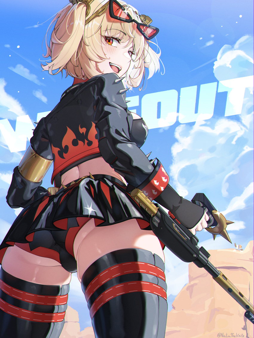 1boy :d absurdres artist_name ass black_gloves black_panties black_shirt black_skirt black_thighhighs blonde_hair blue_sky blush breasts burnice_white cameo cloud commentary cowboy_shot crop_top cropped_jacket cropped_shirt crossover day destiny_(game) english_commentary english_text eyewear_on_head female fingerless_gloves flame_print from_behind glint gloves hair_ornament highres holding holding_flamethrower holding_weapon jacket large_breasts long_sleeves looking_at_viewer looking_back lord_shaxx natatheknife open_mouth outdoors panties pleated_skirt print_jacket red-tinted_eyewear shirt short_hair skirt sky smile solo_focus sparkle spikes standing sunglasses teeth thighhighs thighs tinted_eyewear turning_head twitter_username two_side_up underwear upper_teeth_only upskirt weapon zenless_zone_zero