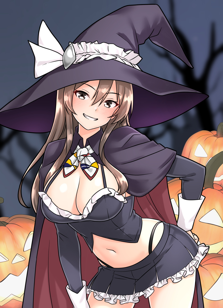 absurdres ashigara_(kancolle) bare_tree black_cape black_hat black_leotard black_skirt blush brown_eyes brown_hair cape commentary_request crop_top female furaggu_(frag_0416) grin halloween hat highres kantai_collection legs leotard long_sleeves navel night night_sky pumpkin skirt sky smile solo standing tree variant_set witch_hat