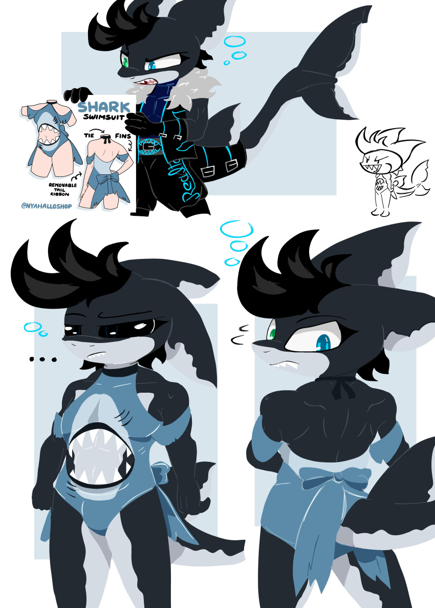 absurd_res anthro black_eyes black_hair blue_eyes clothing cosplay dress eyelashes fish great_white_shark green_eyes hair hi_res humanoid hybrid long_hair long_tail mackerel_shark male marine muscular neon realta realta22 shark shark_costume shark_tail sharp_teeth solo tail teeth white_shark