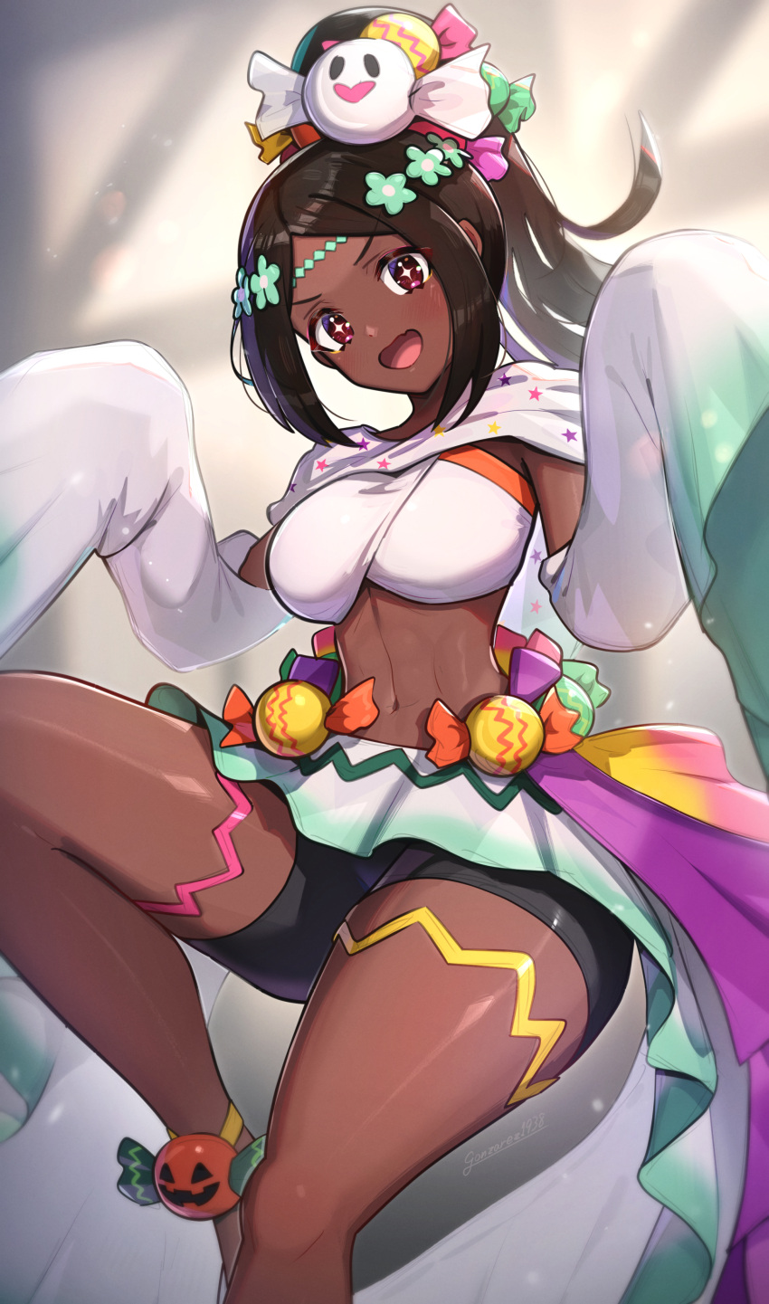 +_+ absurdres bare_shoulders black_hair black_shorts breasts commentary_request crop_top dark-skinned_female dark_skin female fire_emblem fire_emblem_engage fire_emblem_heroes gonzarez gradient_clothes gradient_skirt halloween halloween_costume head_tilt highres large_breasts long_hair long_sleeves midriff navel official_alternate_costume open_mouth pink_eyes ponytail short_shorts shorts sidelocks simple_background skirt sleeves_past_fingers sleeves_past_wrists solo stomach thighs timerra_(fire_emblem) timerra_(halloween)_(fire_emblem) very_dark_skin white_background white_skirt