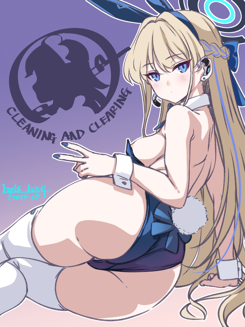 absurdres animal_ears aqua_bow arm_support ass blonde_hair blue_archive blue_eyes blue_hairband blue_halo blue_leotard blue_nails bow detached_collar earpiece fake_animal_ears fake_tail female hairband halo highleg highleg_leotard highres leotard long_hair looking_at_viewer looking_back lying on_side playboy_bunny rabbit_ears rabbit_tail solo strapless strapless_leotard tail thighhighs toki_(blue_archive) toki_(bunny)_(blue_archive) umyonge_(lkakeu) v white_thighhighs white_wrist_cuffs wrist_cuffs