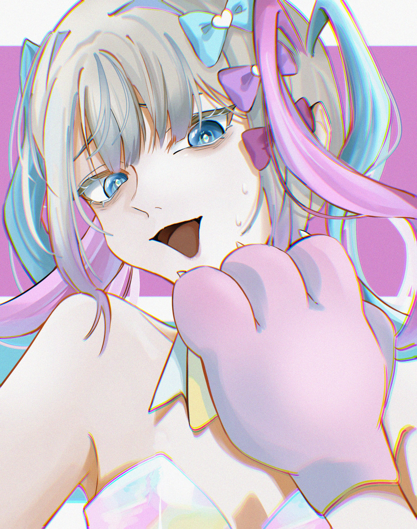 absurdres animal_hands blue_bow blue_eyes blue_hair bow chouzetsusaikawa_tenshi-chan chromatic_aberration commentary_request ezuki_riia female gloves grey_hair hairbow highres leotard long_hair looking_at_viewer needy_girl_overdose nervous_sweating open_mouth paw_gloves pink_background pink_hair purple_bow quad_tails solo strapless strapless_leotard sweat upper_body white_background