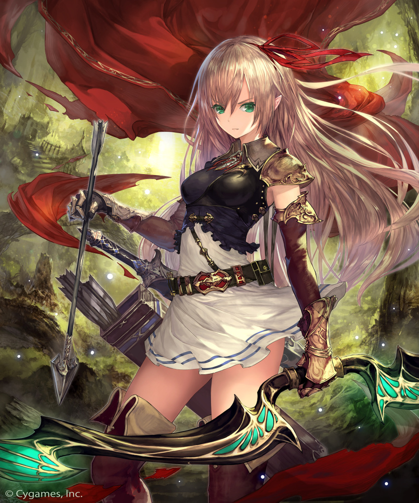 absurdres arisa_(shadowverse) armor armored_gloves arrow_(projectile) belt belt_buckle belt_pouch black_shirt blonde_hair boots bow_(weapon) breasts brown_footwear brown_gloves brown_sleeves buckle cape closed_mouth company_name cowboy_shot crop_top day detached_sleeves dress elf female foliage forest gloves grass green_eyes hair_between_eyes hair_ribbon highres holding holding_arrow holding_bow_(weapon) holding_weapon light_particles long_hair looking_at_viewer medium_breasts nature official_art outdoors pointy_ears pouch quiver red_cape red_ribbon ribbon scabbard shadowverse sheath sheathed shirt short_dress shoulder_armor sleeveless sleeveless_dress sleeveless_shirt solo standing sunlight sword tachikawa_mushimaro thigh_boots thighs tree weapon white_dress wing_collar