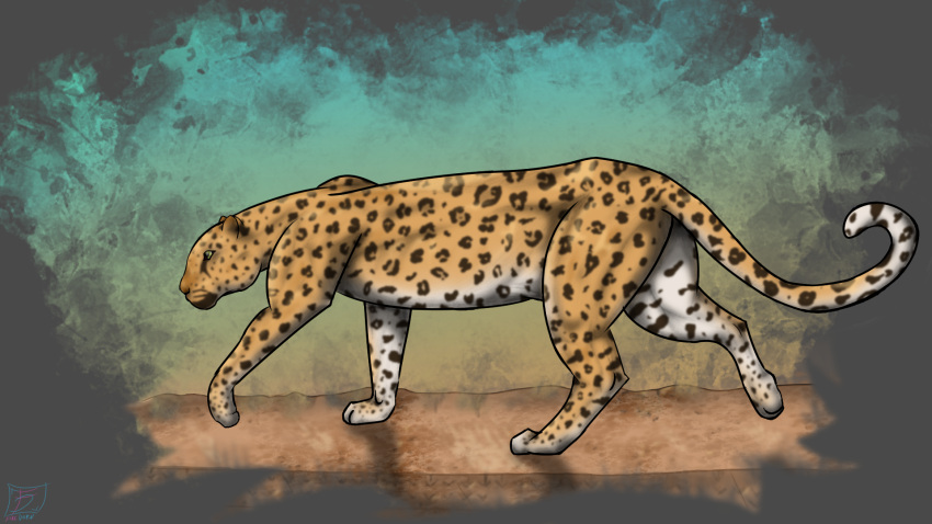 16:9 2024 ambiguous_gender digital_drawing_(artwork) digital_media_(artwork) felid feline feral firedorn fur gradient_background hi_res leopard long_tail mammal markings natural_colors pantherine shaded signature simple_background solo spots spotted_body spotted_fur tail watermark widescreen