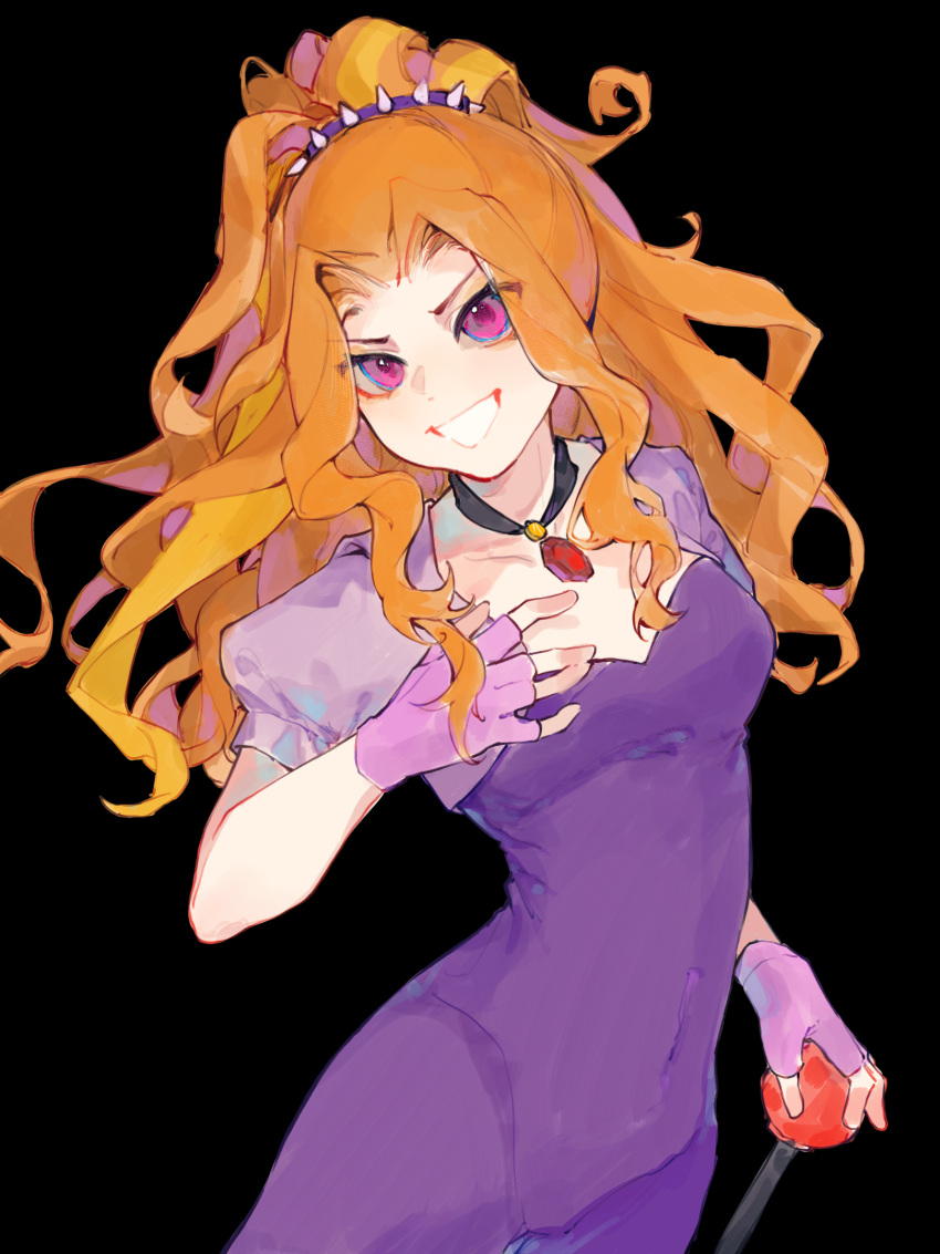 adagio_dazzle adagio_dazzle_(human) alternate_skin_color black_background bodysuit breasts cane choker covered_navel female fingerless_gloves gem gloves grin highres holding holding_cane long_hair looking_at_viewer my_little_pony my_little_pony:_equestria_girls my_little_pony:_friendship_is_magic orange_hair petite pink_eyes ponytail purple_bodysuit purple_gloves red_gemstone simple_background skin_tight small_breasts smile solo standing wavy_hair wumingshi61160