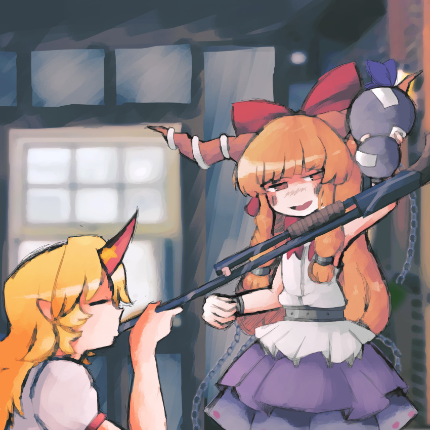 2girls absurdres bad_id bad_twitter_id blonde_hair bow closed_mouth commentary cowboy_shot cuffs english_commentary gourd gun gun_to_mouth hairbow highres horns hoshiguma_yuugi ibuki_suika iesonatana imminent_death inactive_account indoors long_hair multiple_girls oni open_mouth orange_eyes orange_hair purple_skirt red_bow red_horns rifle shackles shirt single_horn skirt standing touhou weapon white_shirt