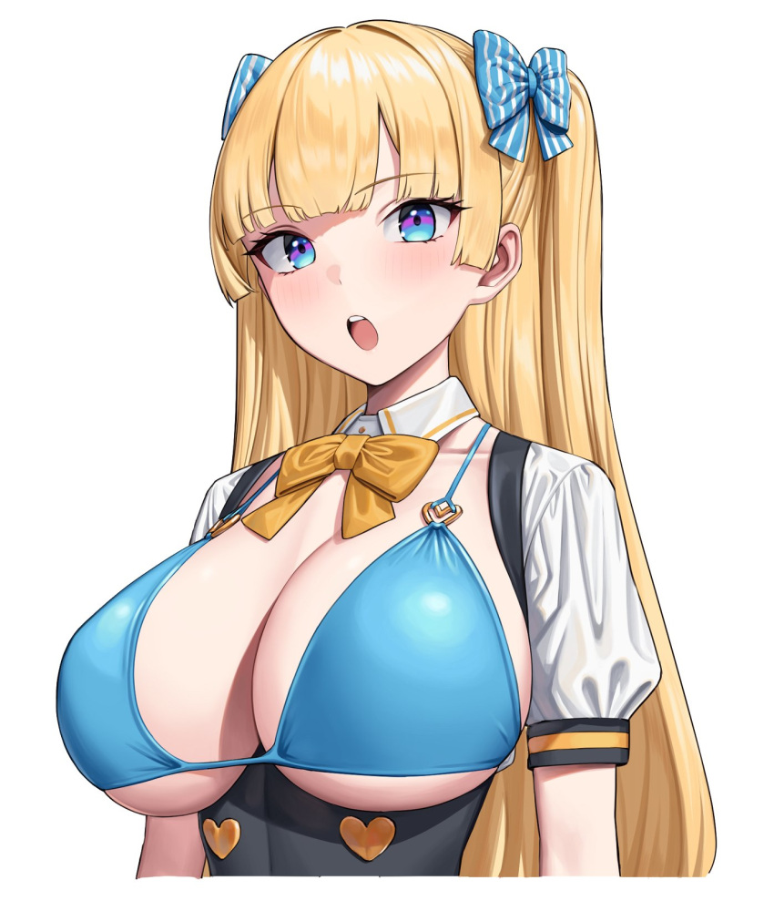 bikini bikini_top_only blonde_hair blue_bikini blue_bow blue_eyes blush bow bowtie breastless_clothes breasts cleavage female hair_intakes hairbow highres large_breasts lina_(michihasu) long_hair looking_at_viewer michihasu open_mouth orange_bow orange_bowtie original short_sleeves simple_background solo striped_bow swimsuit teeth two_side_up upper_teeth_only vertical-striped_bow white_background