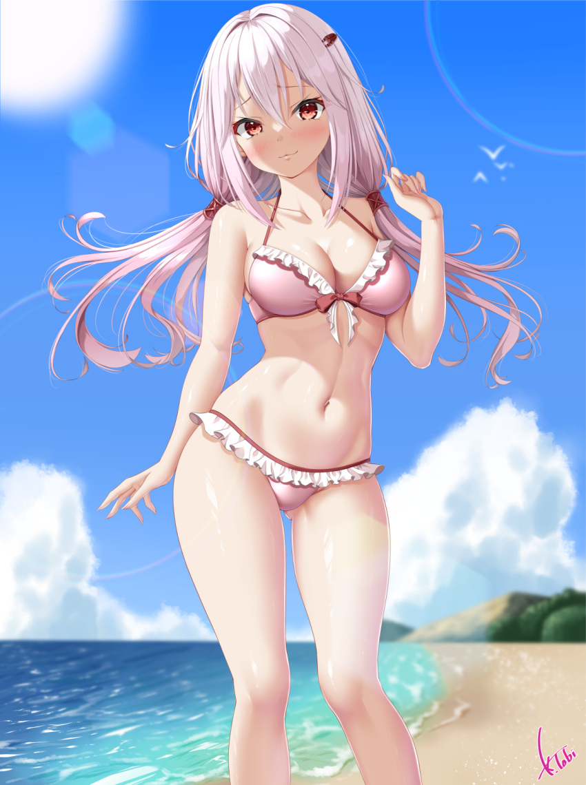 :3 ass_visible_through_thighs bare_shoulders beach bikini blush breasts cleavage closed_mouth collarbone commentary commission contrapposto feet_out_of_frame female floating_hair frilled_bikini frills guilty_crown hair_ornament hair_tubes highres kogarashi_tobi large_breasts long_hair looking_at_viewer low_twintails navel outdoors pink_bikini pink_hair red_eyes seaside sideboob signature skeb_commission solo stomach swimsuit thighs twintails yuzuriha_inori