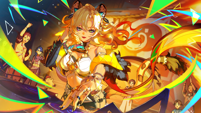 2girls 4boys absurdres animal_ears blonde_hair breasts cleavage dj floating_hair genshin_impact hand_up highres jaguar_ears jaguar_girl jaguar_tail jewelry lipstick long_hair makeup multiple_boys multiple_girls multiple_rings navel parted_lips red_lips ring smile solo_focus stomach tail tomanatsu tomanattsu xilonen_(genshin_impact)