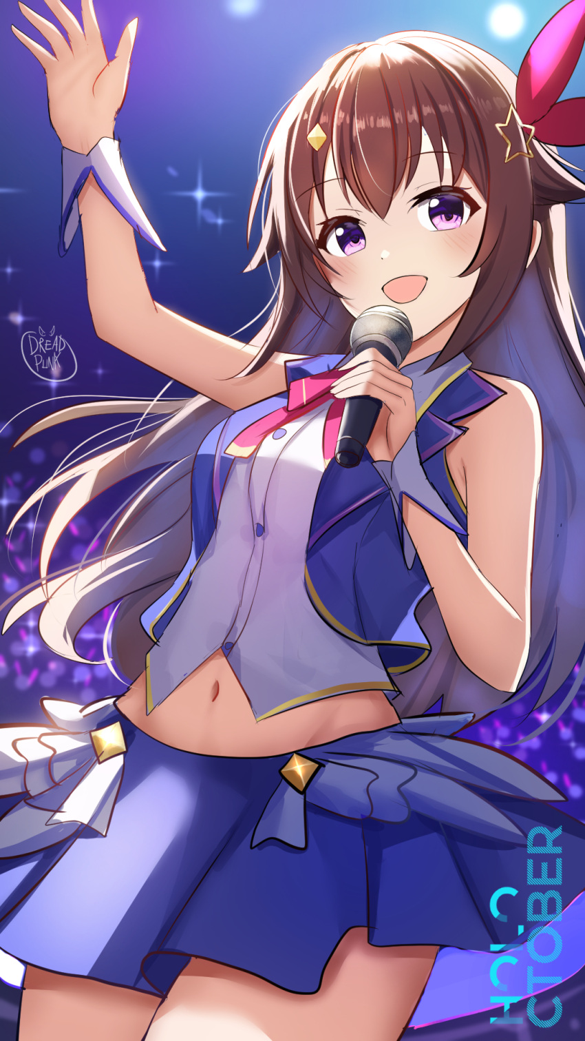 arm_up audience blue_skirt blue_vest bow bowtie breasts brown_hair collared_shirt concert cropped_shirt cropped_vest diamond_hair_ornament dreadpunk female hair_flaps hair_ornament hair_ribbon highres holding holding_microphone hololive idol long_hair looking_at_viewer medium_breasts microphone miniskirt navel open_mouth purple_eyes red_bow red_bowtie red_ribbon ribbon shirt signature skirt sleeveless sleeveless_shirt smile solo stage_lights star_(symbol) star_hair_ornament tokino_sora tokino_sora_(1st_costume) vest virtual_youtuber waist_cape white_shirt wrist_cuffs