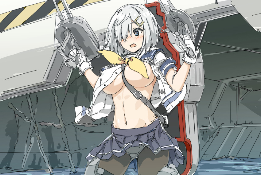 between_breasts black_pantyhose blue_eyes blue_skirt breasts dock embarrassed female gloves grey_hair hair_over_one_eye hamakaze_(kancolle) kantai_collection large_breasts miniskirt navel neck_ribbon open_clothes open_mouth panties panties_under_pantyhose pantyhose ribbon sailor_collar sakakibara_taiga school_uniform serafuku short_hair skirt solo strap_between_breasts tight_clothes underboob underwear upper_body white_gloves white_panties