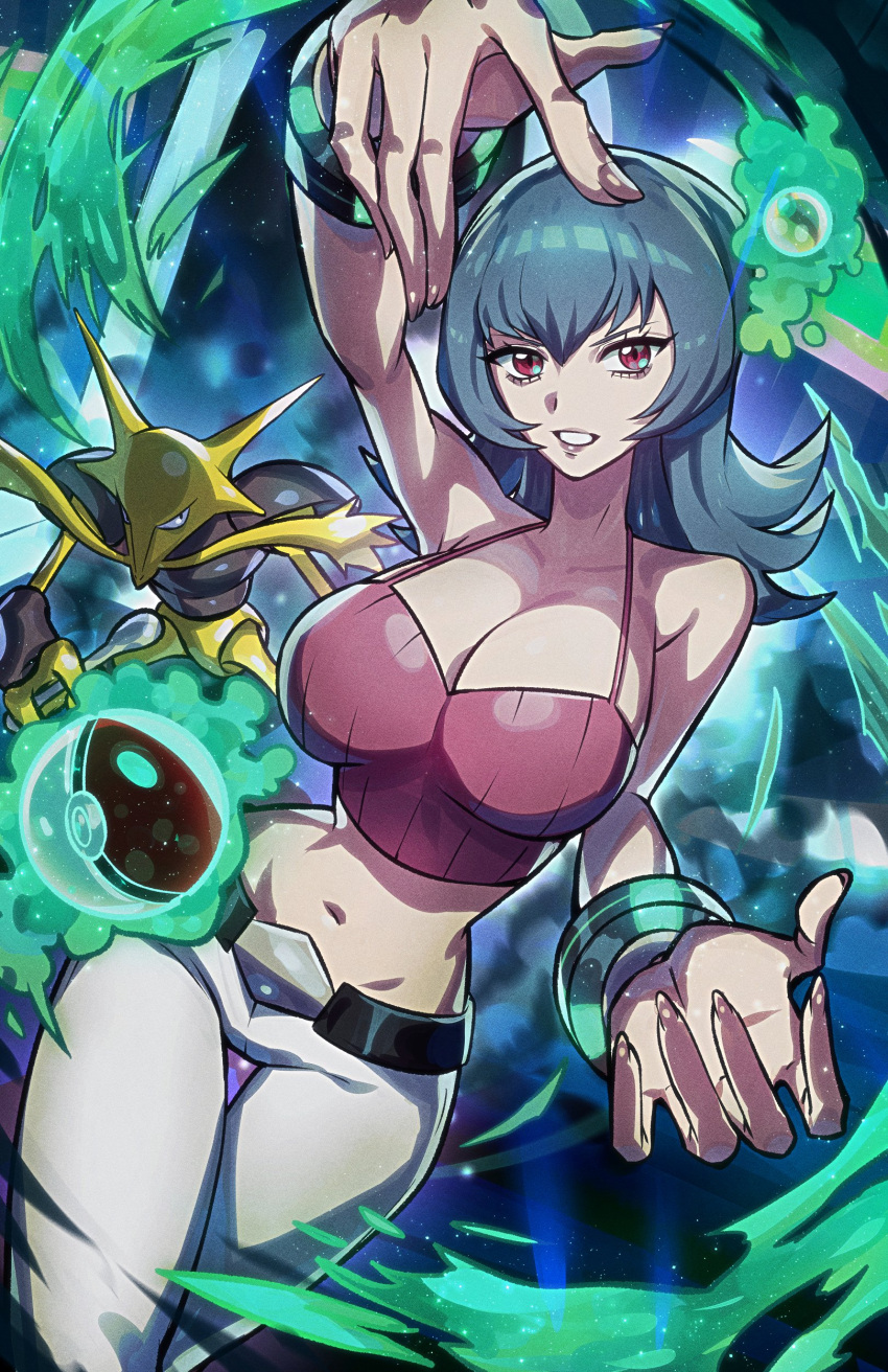 absurdres alakazam bare_shoulders black_hair breasts cleavage crop_top english_commentary female hair_between_eyes highres large_breasts looking_at_viewer medium_hair navel pants poke_ball poke_ball_(basic) pokemon pokemon_(creature) pokemon_hgss red_eyes ryairyai sabrina_(pokemon) telekinesis white_pants