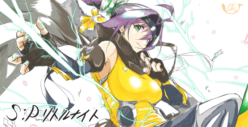 absurdres black_scarf breasts duel_monster electricity female green_eyes highres hikaru49831115 large_breasts long_hair ponytail purple_hair s-force_rappa_chiyomaru s:p_little_knight scarf shirt simple_background solo white_background yellow_shirt yu-gi-oh!