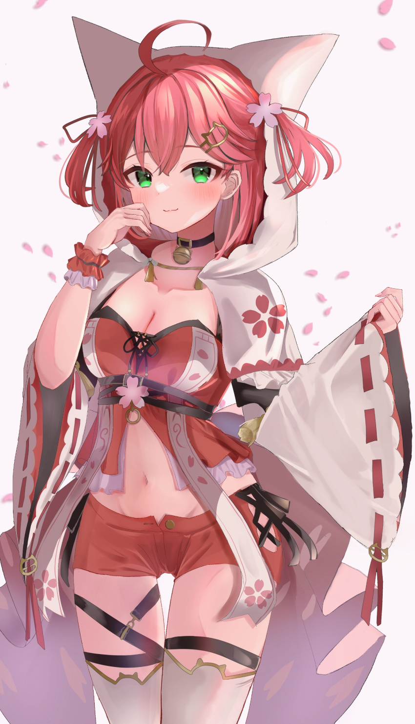 absurdres ahoge bell black_choker blush breasts capelet cat_hair_ornament cherry_blossom_print choker cleavage commentary falling_petals female floral_print frilled_capelet frills green_eyes groin hair_between_eyes hair_ornament hand_on_own_cheek hand_on_own_face highres hololive hood hood_up hooded_capelet looking_at_viewer medium_breasts midriff navel neck_bell official_alternate_costume petals pink_hair pokeeeo_o red_shorts ribbon-trimmed_sleeves ribbon_trim sakura_miko sakura_miko_(work) short_shorts shorts smile solo thigh_strap thighhighs two_side_up virtual_youtuber white_capelet white_thighhighs wide_sleeves wrist_cuffs