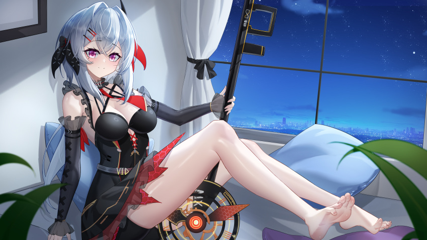 absurdres bare_legs bare_shoulders barefoot belt between_legs bike_shorts black_dress black_shorts breasts choker cleavage closed_mouth dai_mao_xuan_yi detached_sleeves dress female frilled_choker frills gray_fox_(tower_of_fantasy) hair_ribbon highres holding holding_polearm holding_weapon indoors long_hair long_sleeves looking_at_viewer medium_breasts pillow pink_eyes polearm ribbon short_shorts shorts shorts_under_dress sleeveless sleeveless_dress smile solo thighs tower_of_fantasy weapon white_hair