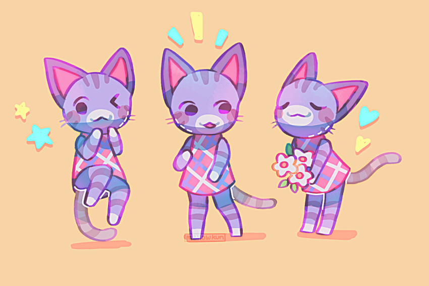 2020 3:2 :3 animal_crossing anthro argyle_(pattern) argyle_clothing argyle_shirt argyle_topwear artist_name bar_emanata black_eyes blue_clothing blue_shirt blue_topwear blush blush_stickers bottomless cel_shading closed_eyes closed_smile clothed clothing digital_media_(artwork) domestic_cat emanata empty_eyes featureless_feet featureless_hands feet felid feline felis female flat_chested flower fur grey_body grey_fur happy heart_symbol holding_flower holding_object jumping leaning leaning_forward lolly_(animal_crossing) mammal mellowkun mouth_closed multicolored_body multicolored_clothing multicolored_fur multicolored_shirt multicolored_topwear multiple_images nintendo one_eye_closed open_mouth open_smile orange_background orange_clothing orange_shirt orange_topwear pattern_clothing pattern_shirt pattern_topwear plant shaded shadow shirt shirt_only simple_background smile solo standing star striped_body striped_fur stripes tail topwear topwear_only watermark whiskers white_body white_clothing white_fur white_shirt white_topwear