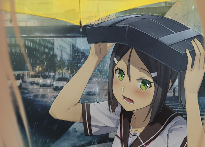 bag bag_on_head blonde_hair blush brown_hair car city commentary_request female green_eyes hair_ornament hair_ribbon hairclip improvised_umbrella inubouzaki_fuu long_hair looking_at_viewer md5_mismatch miyoshi_karin motor_vehicle open_mouth outdoors piza_rokumai pov rain resolution_mismatch ribbon sanshuu_middle_school_uniform school_bag school_uniform short_sleeves source_larger teeth traffic umbrella yuuki_yuuna_wa_yuusha_de_aru yuusha_de_aru