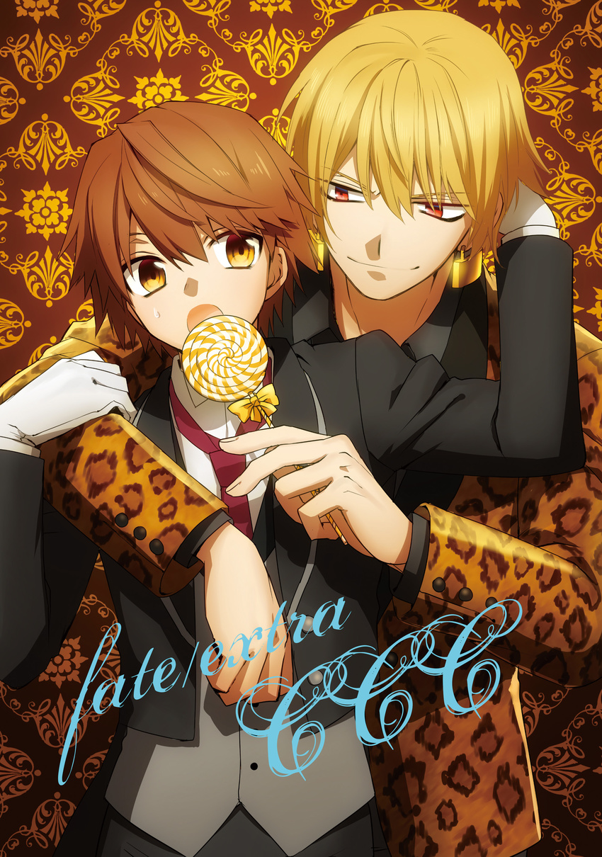 2boys absurdres bad_id bad_pixiv_id blonde_hair brown_eyes brown_hair candy fate/extra fate/extra_ccc fate_(series) food gilgamesh_(fate) gilgamesh_(modern_costume_of_volupte)_(fate) highres kishinami_hakuno_(male) lollipop multiple_boys official_alternate_costume photoshop_(medium) red_eyes routo