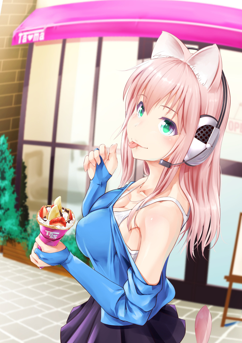 absurdres animal_ears blush breasts cat_ears cat_tail commentary_request crepe female food ganari_ryuu green_eyes headphones headset highres large_breasts long_hair looking_at_viewer open_mouth original pink_hair smile solo super_tama_musume tail tamatoys