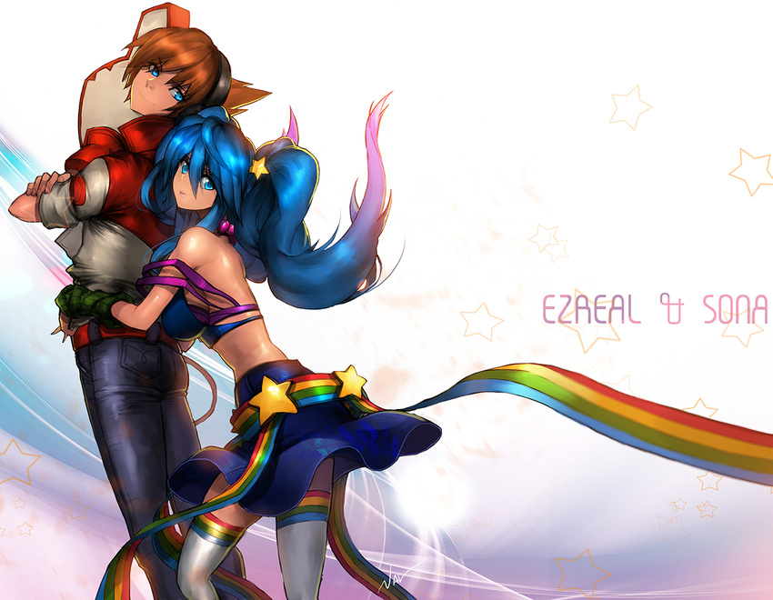 1boy alternate_costume arcade_sona bare_shoulders blue_eyes blue_hair bra commentary denim ezreal female foam_finger hug hug_from_behind jeans league_of_legends looking_at_viewer nal_(nal's_pudding) pants photoshop_(medium) ribbon skirt sona_(league_of_legends) star_(symbol) tpa_ezreal twintails underwear