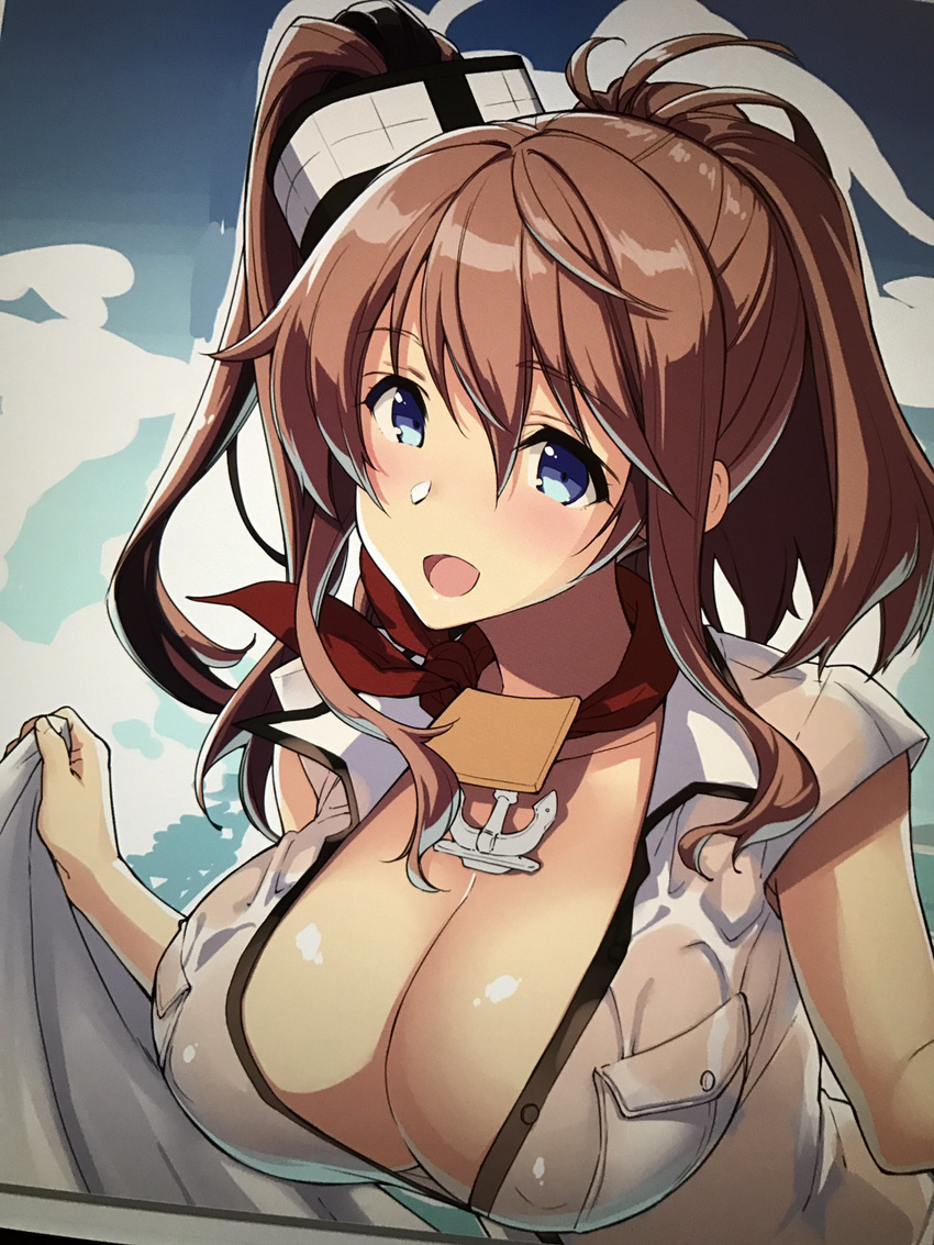 anchor blue_eyes breast_pocket breasts brown_hair clothes_lift commentary_request dress dress_lift female hair_between_eyes high_side_ponytail highres kantai_collection kekocha large_breasts long_hair looking_at_viewer neckerchief no_bra open_clothes open_dress pocket ponytail red_neckerchief saratoga_(kancolle) see-through side_ponytail sidelocks solo upper_body wet wet_clothes white_dress