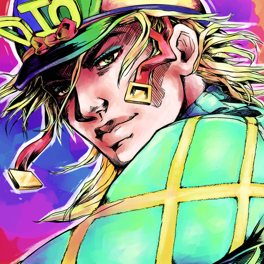 blonde_hair bow cogdis crosshatching diego_brando dmr-elk gradient gradient_background green_shirt hat highres jojo_no_kimyou_na_bouken male_focus multicolored_background shirt solo steel_ball_run strap turtleneck