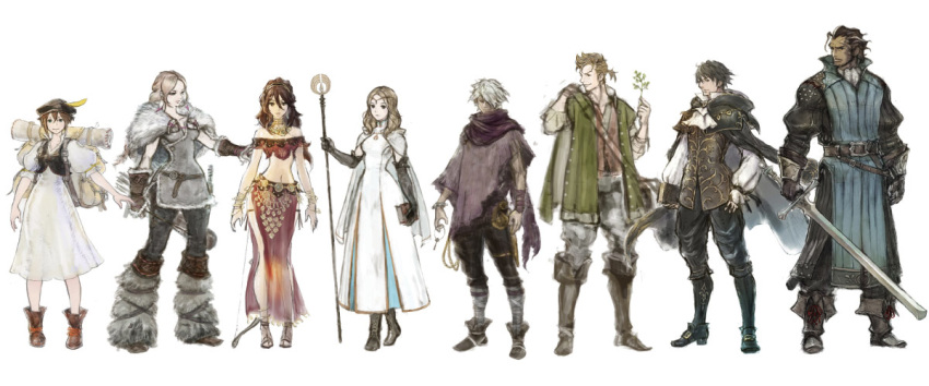 4boys 4girls alfyn_greengrass bad_link blonde_hair boots brown_hair cyrus_albright dancer earrings everyone gloves h'aanit_(octopath_traveler) hair_over_one_eye hat hoop_earrings ikusy jewelry map midriff mole mole_under_mouth multiple_boys multiple_girls octopath_traveler octopath_traveler_i official_art olberic_eisenberg ophilia_clement poncho primrose_azelhart sandals scar scarf serious smile square_enix staff sword therion_(octopath_traveler) tressa_colzione weapon