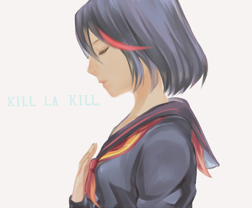 anko_(tkg0705) bad_id bad_pixiv_id black_hair closed_eyes female kill_la_kill matoi_ryuuko multicolored_hair profile school_uniform senketsu serafuku short_hair streaked_hair