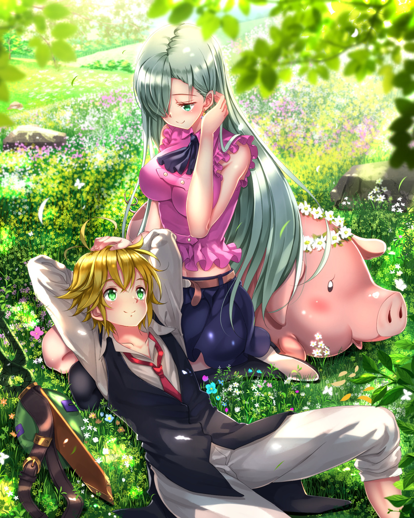 1boy adjusting_hair ahoge animal arms_up bag blonde_hair blue_eyes blush commentary_request earrings elizabeth_liones female flower grass green_eyes grey_hair hair_over_one_eye hand_on_another's_head hawk_(nanatsu_no_taizai) highres hill jewelry lap_pillow long_hair looking_at_another meliodas nanatsu_no_taizai pig short_hair sitting skirt smile swordsouls wariza