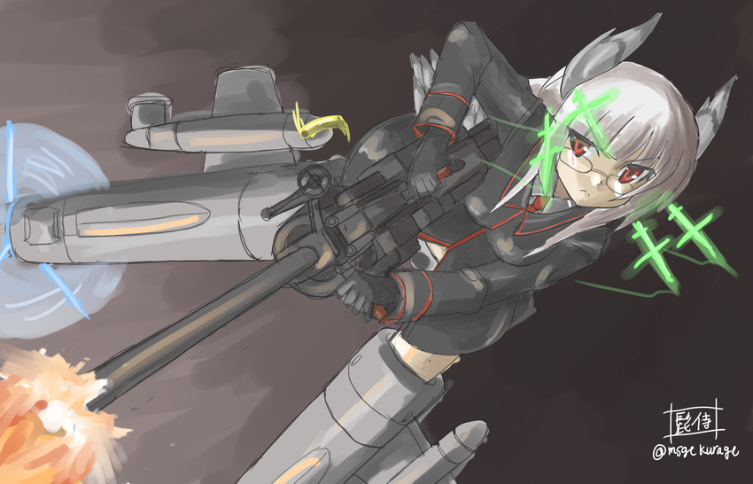 bird_girl bird_tail cannon commentary_request female glasses gloves gun head_wings heidimarie_w._schnaufer higezamurai_(kurage_gunsou) highres hirschgeweih_antennas long_hair military military_uniform panties red_eyes solo strike_witches striker_unit tail thighhighs underwear uniform weapon white_hair wings world_witches_series