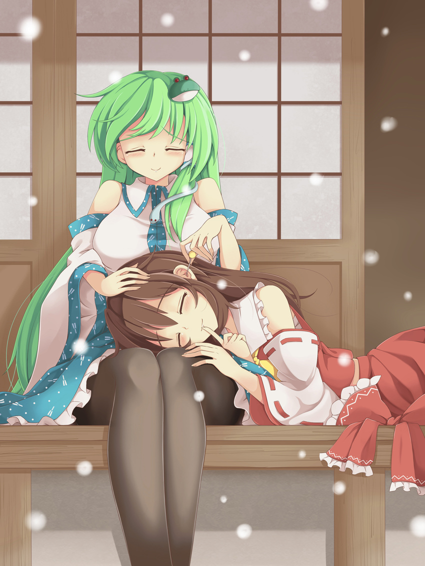 2girls ascot blush breasts brown_hair closed_eyes commentary_request detached_sleeves ear_cleaning flan_(zhd91) frog_hair_ornament green_eyes green_hair hair_ornament hair_ribbon hair_tubes hakurei_reimu highres kochiya_sanae lap_pillow large_breasts long_hair long_sleeves lying mimikaki multiple_girls outdoors pantyhose photoshop_(medium) ribbon sitting sliding_doors touhou