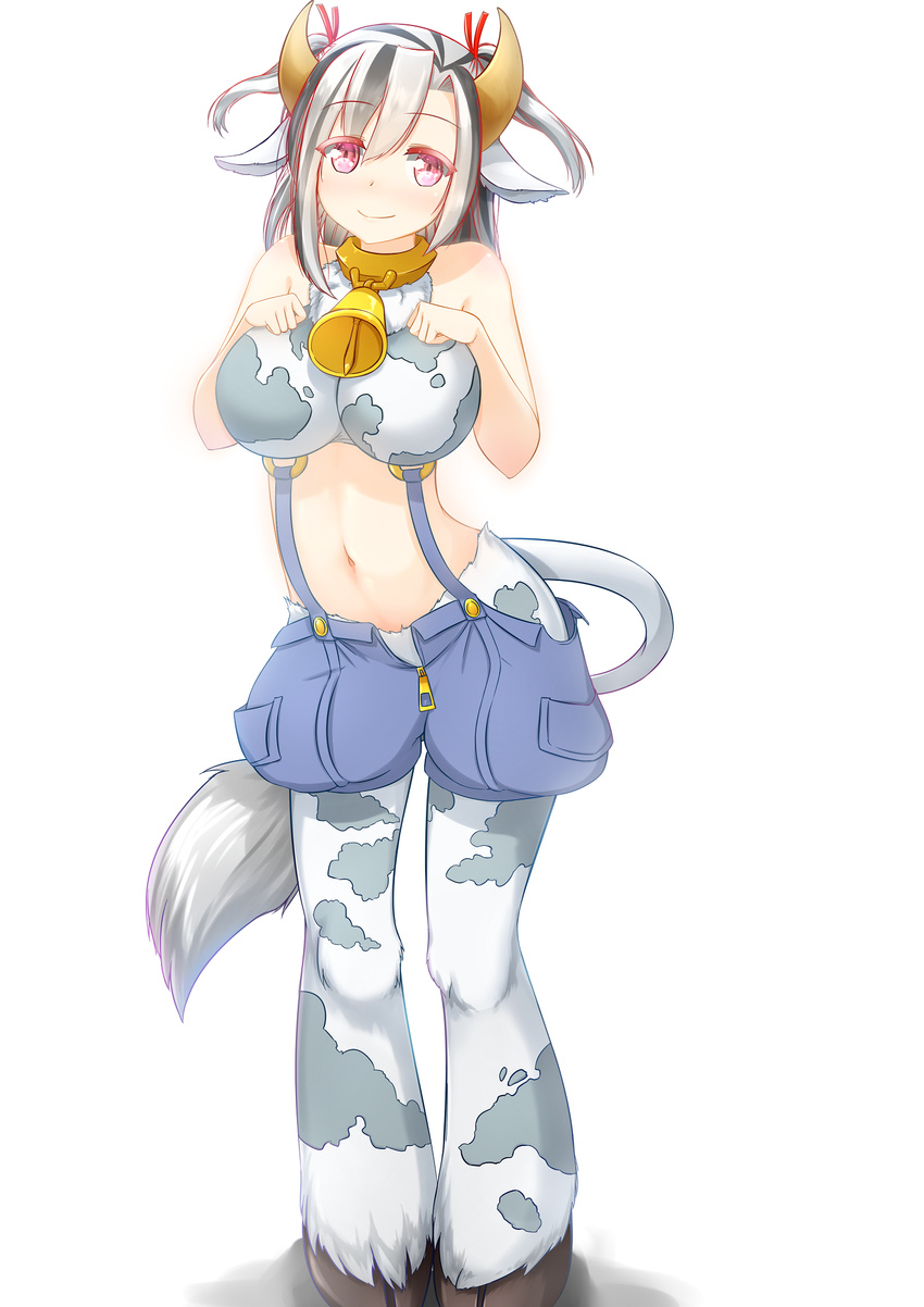 animal_ears animal_print bare_shoulders bell black_hair breasts collar commentary cow_ears cow_girl cow_horns cow_print cow_tail cowbell female full_body hair_ribbon highres holstaur_(monster_girl_encyclopedia) hooves horns large_breasts monster_girl monster_girl_encyclopedia multicolored_hair navel neck_bell pink_eyes ribbon short_hair solo standing streaked_hair suspenders symbol-only_commentary tail two-tone_hair two_side_up vahn_yourdoom white_background white_hair