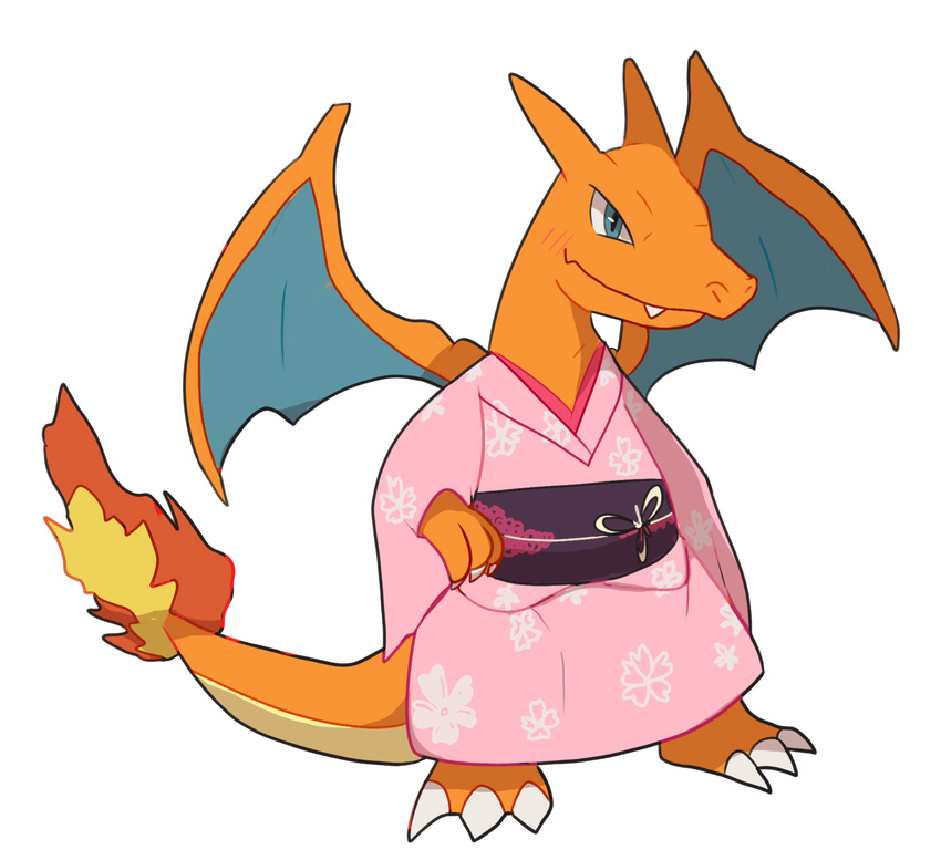 alpha_channel ambiguous_gender asian_clothing blue_eyes blush charizard clothed clothing clothing_cord cloverleaf_knot dragon east_asian_clothing feral fire flaming_tail generation_1_pokemon hi_res japanese_clothing kimono membrane_(anatomy) membranous_wings mythological_creature mythological_scalie mythology nintendo obi obijime orange_body orange_skin pokemon pokemon_(species) scalie simple_background solo tail tied_string transparent_background unknown_artist wings