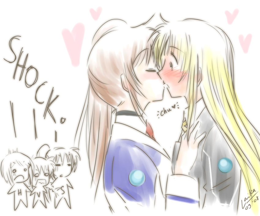 5girls blonde_hair blush brown_hair closed_eyes couple embarrassed fate_testarossa heart kissing long_hair lyrical_nanoha mahou_shoujo_lyrical_nanoha mahou_shoujo_lyrical_nanoha_strikers military_uniform multiple_girls shocked side_ponytail signum surprised takamachi_nanoha uniform vivio wide_eyes yagami_hayate yuri