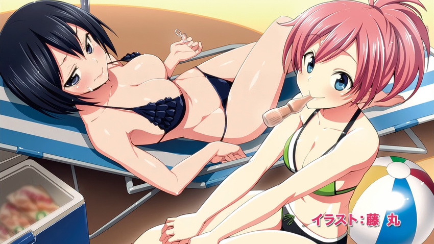 2girls aqua_eyes ball beachball bikini black_eyes black_hair blush breasts chair cleavage end_card frilled_bikini frills fujimaru_(bluebrand) joukamachi_no_dandelion large_breasts lounge_chair mouth_hold multiple_girls navel non-web_source red_hair sakurada_kanade sakurada_misaki strap_gap sweatdrop swimsuit wavy_mouth