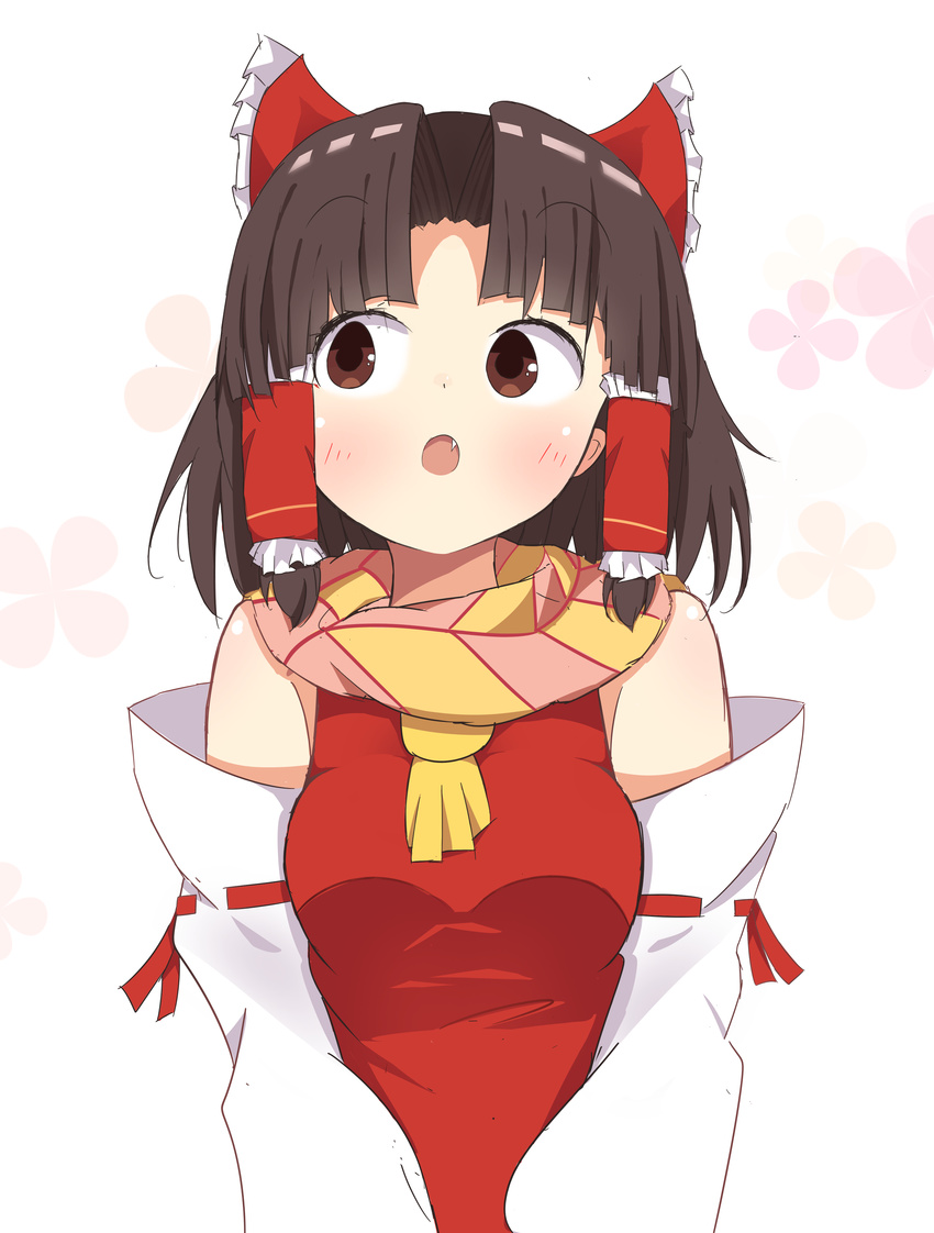 absurdres akabeco benikurage_(cookie) blush bow brown_eyes brown_hair brown_scarf commentary_request cookie_(touhou) detached_sleeves female hair_tubes hairbow hakurei_reimu highres looking_away oerba_yun_fang parted_lips red_bow scarf short_hair solo touhou upper_body