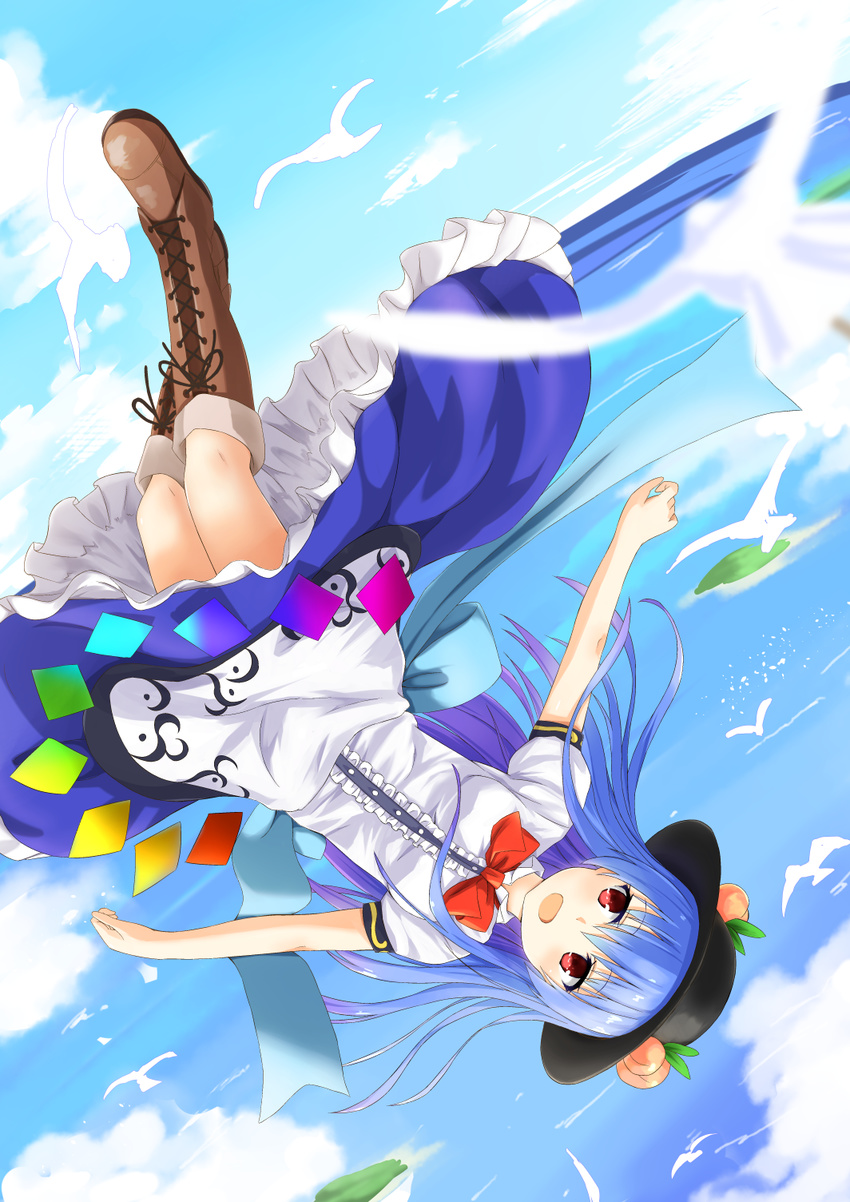 :d bird black_hat blouse blue_hair blue_skirt blue_sky bluekalmia blush boots bow bowtie brown_footwear cloud commentary_request cross-laced_footwear day female food foreshortening frills fruit full_body hat highres hinanawi_tenshi island lace-up_boots leaf long_hair looking_away ocean open_mouth outstretched_arms peach puffy_short_sleeves puffy_sleeves rainbow_order red_bow red_bowtie red_eyes shirt short_sleeves skirt sky smile solo spread_arms touhou upside-down white_shirt