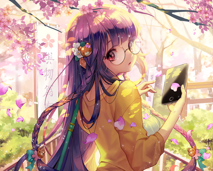 braids cherry_blossoms dress furyou_michi_~gang_road~ glasses long_hair petals phone purple_hair red_eyes soo_kyung_oh