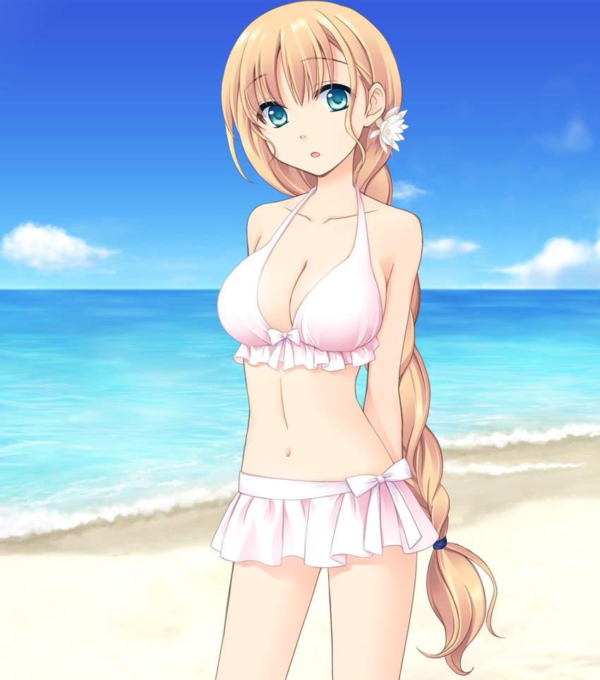 arms_behind_back astraythem bare_shoulders beach bikini blonde_hair braid breasts cleavage cloud clouds female flower game_cg ginta green_eyes hair_ornament highres large_breasts legs long_hair looking_at_viewer navel ocean sakurazuka_natsuki sand skirted_swimsuit sky solo standing swimsuit thighs very_long_hair water